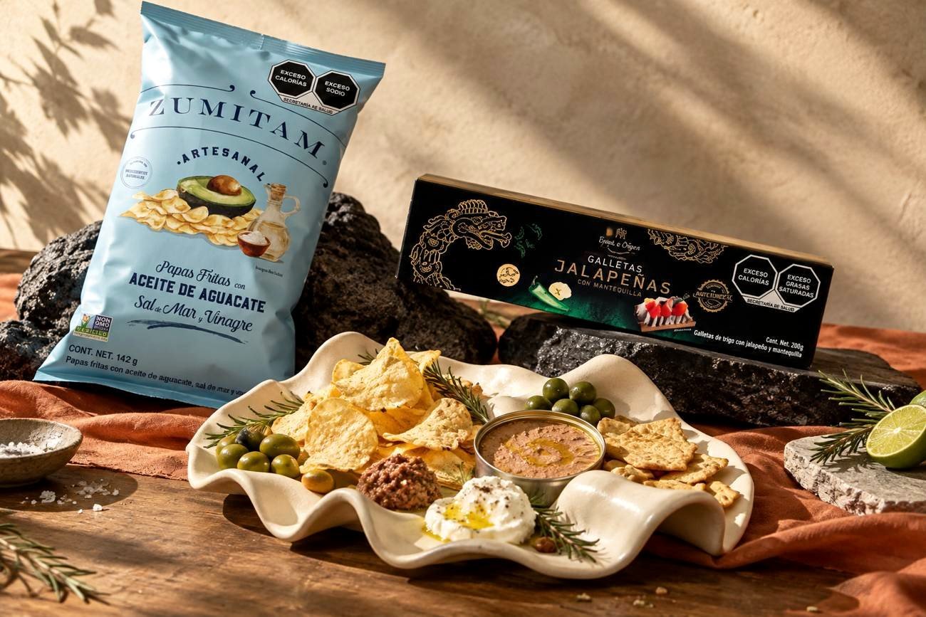 Papas Zumitam y galletas jalapeñas servidas con dips