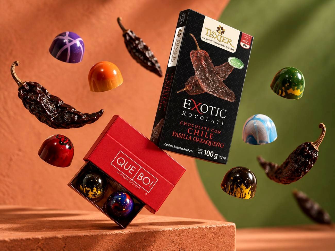 Chocolate Texier con chile pasilla y bombones Qué Bo!
